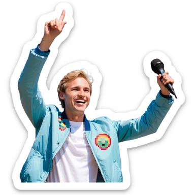 Pixel art style, expressive male performer, Caucasian features, short sandy blonde hair, lively eyes, wide cheerful smile, wearing a sky blue jacket over white tee, tossing a microphone in one hand, waist-up, front-facing sticker