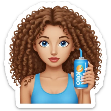 Brown Curly haired, Blue eyed woman holding one alani energy drink can, no straw simple, long hair. She’s wearing a cute trendy top and has lip glodd sticker