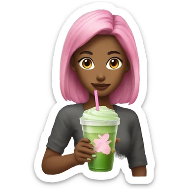Pretty girl holding glass cup of iced matcha with pink straw  sticker