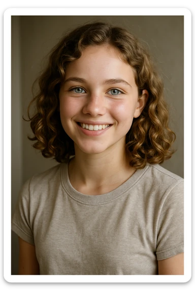 white girl with dark blonde curly hair, blue-green eyes, smiling, shoulder length hair, upper body sticker
