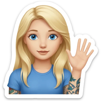 blonde girl with long hair blue eyes waving hello with tattoos sticker