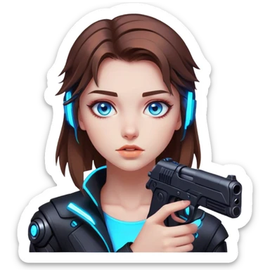 Neon cyberpunk style 
girl with brown hair and blue eyes 
shoots sticker