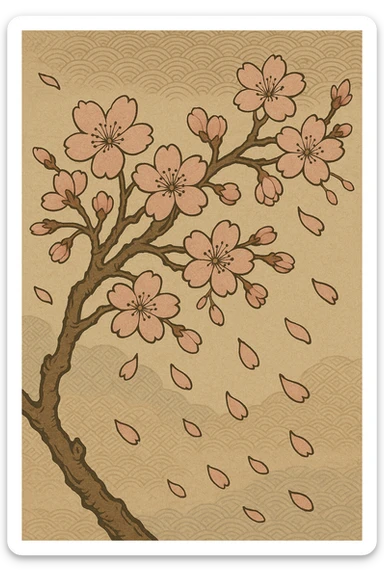 a cherry blossom branch with petals falling, ukiyo-e style sticker