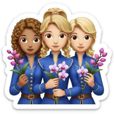 3 female musketeers, oneceith brown curly hair, one with straight blond hair, one eith blond hair on pony tail, all holding orchids sticker
