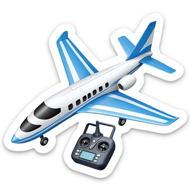 An icon featuring a remote-controlled model airplane soaring through the sky, with a detailed transmitter in the foreground. The sky is clear with motion lines showing flight. Transparent background emphasizes the precision, creativity, and joy of aeromodelling as a sport. sticker