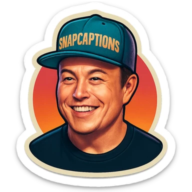 sticker of Elon Musk wearing a snapback cap with the name 'Snapcaptions', retro sticker style, vibrant and fun sticker