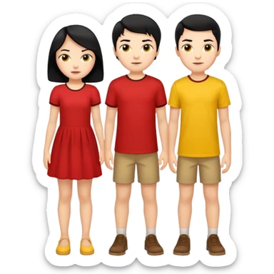 a boy with black hair and red shirt is between the legs of a girl with black hair and yellow dress sticker