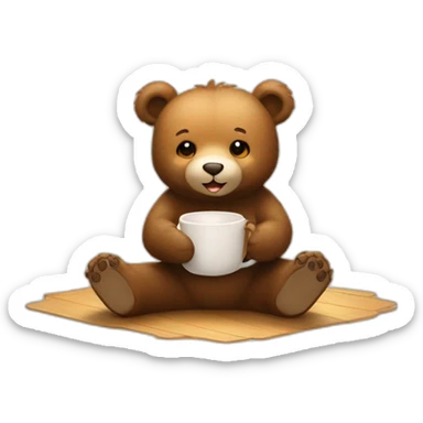 Cute bear sitting on floor with a cup of tea motioning for viewer to sit next to him sticker