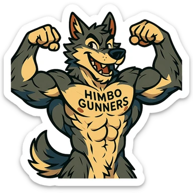 very muscular, handsome, and detailed wolf furry, shirtless, with 'Himbo Gunners' tattooed on chest, flexing pose, energetic, playful, extremely detailed anatomy and fur sticker