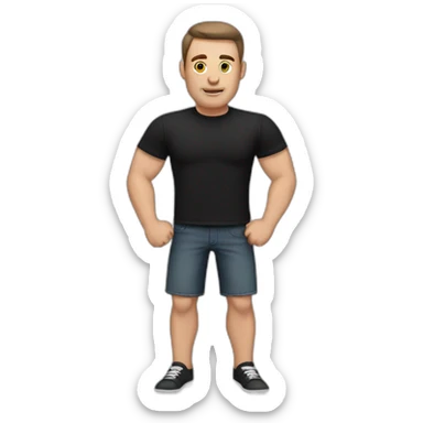 shaved white man with dark brown hair and wearing a black t-shirt sticker