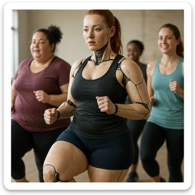 hyper realistic 4K gynoid woman training in a group, fat on legs and thighs, social atmosphere, realistic details sticker