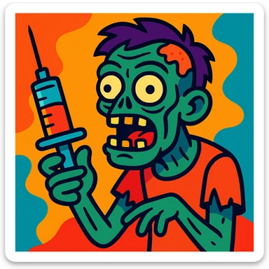 zombie holding a syringe, vibrant cartoon style sticker