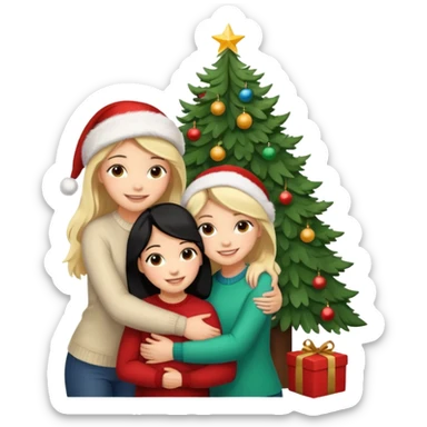Generate Christmas-style emojis  family. Where light-skinned people stand near the tree all together, hugging and smiling. 2 girl should be Light-haired woman, 1 woman black-haired woman, and add 1 man  sticker