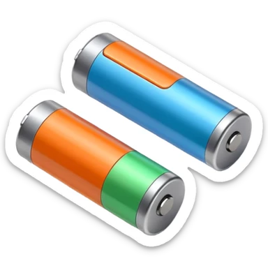 pair of cylindrical batteries with metallic tops and colored bands (orange, blue, or green) to indicate charge, positioned side by side or slightly angled, visible terminals, clean minimal design, no packaging, charger, or device, soft lighting, subtle shadows, emoji scale sticker