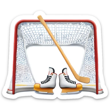 An icon showing a close-up of a hockey stick, puck, skates, and hockey net placed on the ice. The background features a packed stadium with bright lights, cheering fans, and snowy scenery outside. Transparent background highlights the key elements of the game. sticker