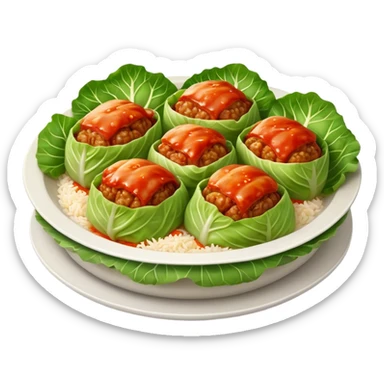 Cinematic Realistic Go≈ÇƒÖbki Dish Emoji, featuring cabbage rolls stuffed with rice and meat rendered with lifelike detail and inviting, homey lighting. sticker