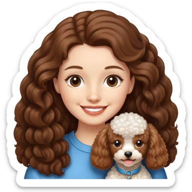 A girl with long brown hair wrapped around a Mini poodle sticker