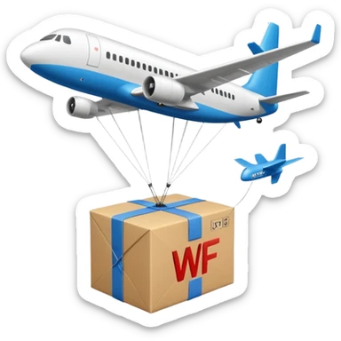 Plane dropping a parachute holding a box with the letters “WF” large and bold on the side  sticker