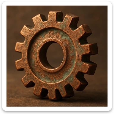 copper gear with a weathered surface, detailed highlights, and a hint of green patina sticker
