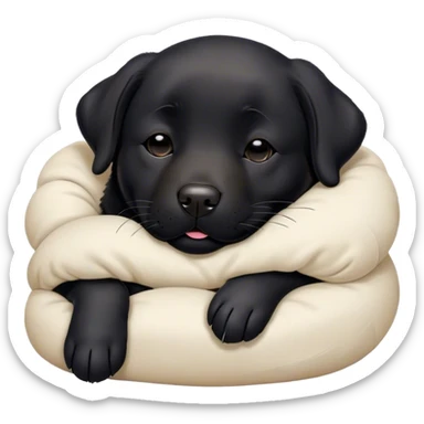 Meme-Worthy Cute Sleeping Black Labrador Portrait Emoji, Head resting peacefully with a contented smile, showcasing a delightfully robust build and a luxuriously soft black Fur, eyes shut in a serene nap, Simplified yet hilariously adorable features, highly detailed, glowing with a soft, drowsy light, high shine, relaxed and utterly lovable, stylized with an air of playful laziness, bright and heartwarming, soft glowing outline, capturing the essence of a comically sleepy companion, so meme-worthy it feels like it could instantly become the next viral sensation of adorable slumber! sticker