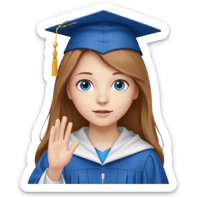 light brown haired girl with long hair, blue eyes, pale skin, wearing graduation regalia with white hood, throwing cap sticker