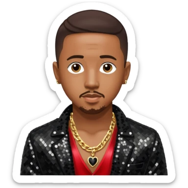 Marques Houston with dark brown hair, black sequin jacket, shirtless with necklace sticker