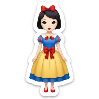 full body Snow White with blue and yellow dress, short black hair with red bow, minimal style sticker