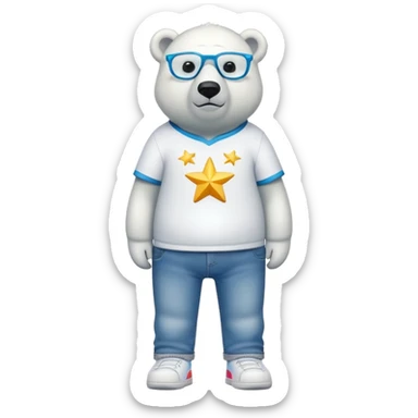friendly anthropomorphised polar bear standing upright, looking chilled and unbothered, wearing a shirt, jeans, trainers, star-shaped colorful glasses sticker