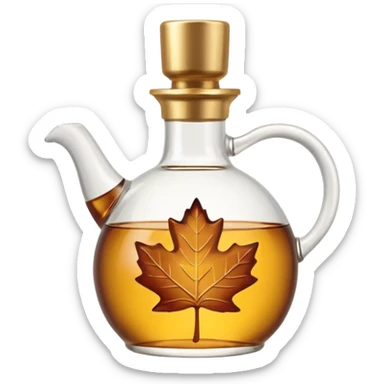 small maple syrup jug, glass, filled with golden-brown syrup, rounded with handle, gold or dark cap, syrup visible, glossy, maple leaf, 3D-rendered, minimal, no faces, transparent background sticker