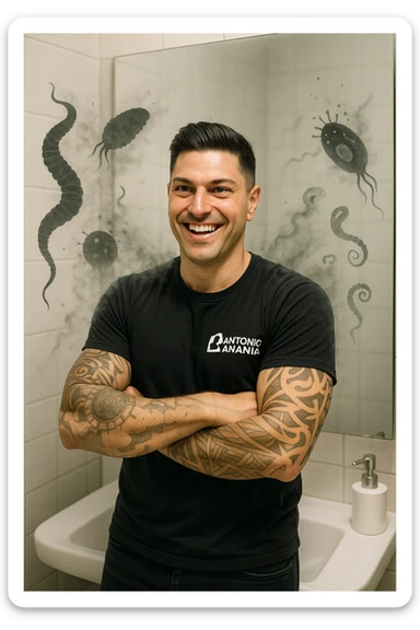 a man stands in a brightly lit bathroom, looking relieved and revitalized as he examines his reflection in the mirror. In the foreground, stylized, shadowy images of parasites (such as worms or protozoa) are shown leaving his body, dissolving into mist or fading away. His posture is upright and his expression is one of newfound energy and health. sticker