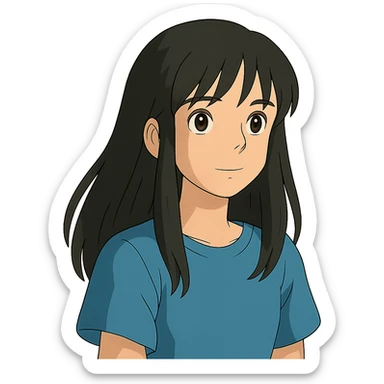 ghibli style teenager girl with black long hair and blue shirt sticker