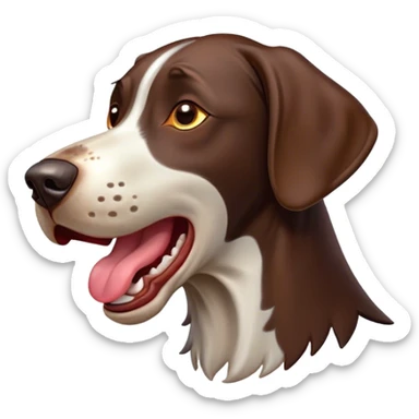 Cinematic Comical German Pointer Dog Portrait Emoji, Head tilted dramatically while yawning exaggeratedly, sleek brown and white fur, Simplified yet hilariously adorable features, highly detailed, glowing with an almost sarcastic glow, high shine, a mix of lazy and curious, stylized with a touch of playful whimsy, bright and alert but with a comical expression, soft glowing outline, capturing the essence of a mischievous yet overly dramatic dog, so meme-worthy it feels like it could leap off the screen and sassily demand attention, ready to become the internet’s next viral sensation! sticker
