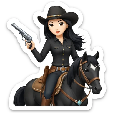 confident Asian woman with long black hair wearing black outfit riding a horse cowgirl style with a pistol sticker