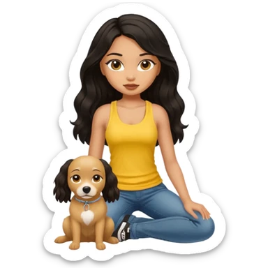 a tan pretty bratz girl with long wavy black hair, wearing a yellow tank top with a dog sticker