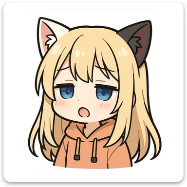 chibi anime catgirl with one white cat ear and one black cat ear, longer blonde hair, blue eyes, white skin, peach colored hoodie, cute, sleepy expression, twitch emote style, no background sticker