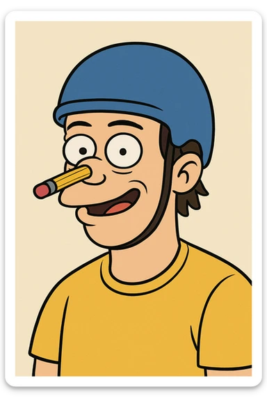 cartoon style portrait of a man with a blue helmet, a pencil in his nose, and a yellow shirt, playful expression, minimal background sticker