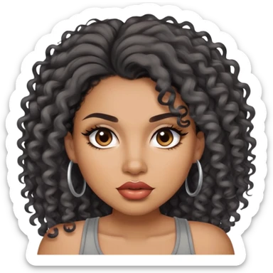 light brown skin tone, very beautiful woman, with big plump lips, long long lashes, black curly long hair, brown eyes, grey tank top sticker