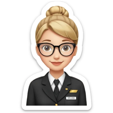 Young girl, bun hair, wearing uniform of reception with hotel name badge, glasses, stand behind the desk

 sticker