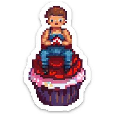 Cody Rhodes sitting on a cupcake, pixel art style sticker