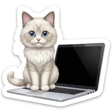 Cute ragdoll cat on a laptop. Should sit on top of the laptop, cat is way bigger than the laptop. Could walk on the laptop or sit. I liked the first one but remove the blue on the cat, Please make the brown parts light grey sticker