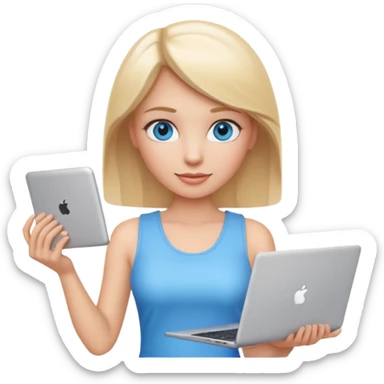 3D Apple-style emoji of a blonde woman with bright blue eyes,
wearing a white sleeveless top,
holding a silver laptop,
clean white background, smooth rounded design
 sticker