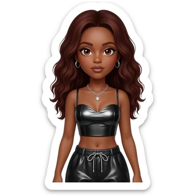Solange with brown eyes, long dark auburn hair, black metallic sweetheart crop top, black metallic baggy pants, silver necklace sticker