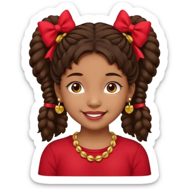 Brownskin girl dark brown hair fluffy. pigtails with red bows brown eyes smiling closed mouth red shirt gold esrrings gold necklace sticker