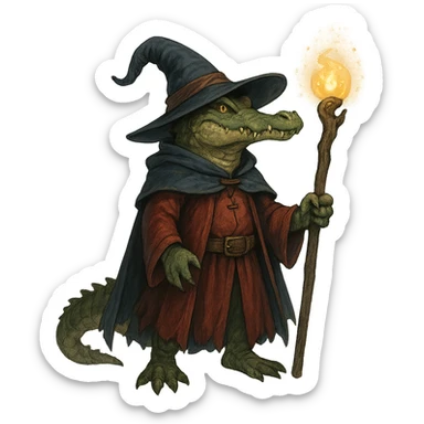 alligator wizard, fantasy, magical, staff, hat sticker