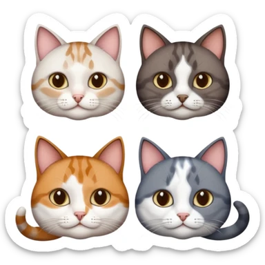 3 different coloured short haired cats including; a dark brown tabby and white cat, and a dark grey and white  sticker