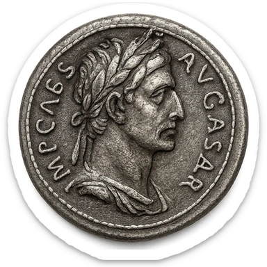 Create another variation of an imperial coin icon inspired by the reference image: profile bust with laurel wreath, engraved details, classic Roman style, transparent background. Emphasize the engraving details and classic Roman coin aesthetics. sticker