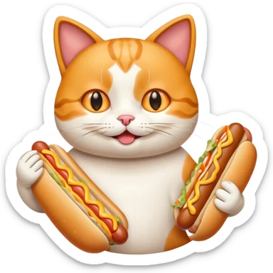 A cartoon cat holding and eating a hot dog sticker
