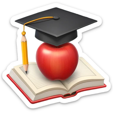 An icon featuring an open book, a chalkboard with lesson plans, and a pencil, symbolizing education and pedagogy. The design includes an apple and a graduation cap, representing teaching and learning. Transparent background highlights the growth and development in education. sticker