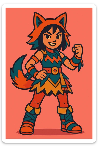 Asian girl dressed as a therian, confident stance, detailed gear, lively colors sticker