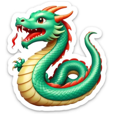 Cinematic Cute Yawning Chinese Serpent Dragon Portrait Emoji, Head gently inclined with a dramatic, wide-open yawn, revealing an elegantly elongated body with softly glowing jade and vermilion scales, enriched by subtle, ethereal cloud and ripple motifs; rendered with authentic detail and delicate natural light, high shine, relaxed yet wise, styled with a dash of ancient mystique, soft glowing outline, capturing the essence of a drowsy but venerable celestial dragon ready to drift into a serene, timeless slumber! sticker